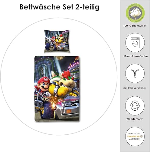 Parure de lit réversible pour enfant - 100 % coton - Avec fermeture éclair - 135 x 200 cm et 80 x 80 cm - Avec fermeture éclair - Motif sombre Bump avec Mario et Bowser - Nail Gallerys