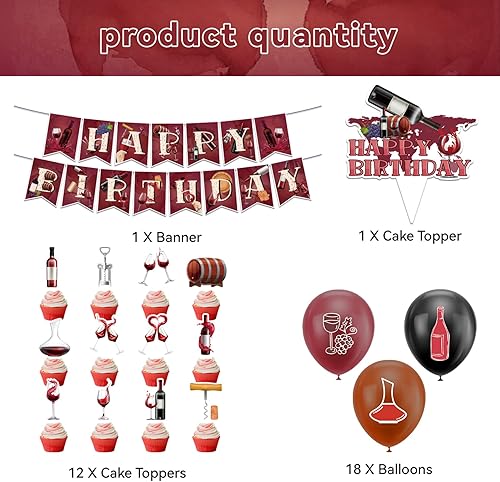 Décorations d'anniversaire pour vin rouge, accessoires de fête, bannière d'anniversaire, décoration de gâteau, cupcake, ballons pour vin rouge - Nail Gallerys