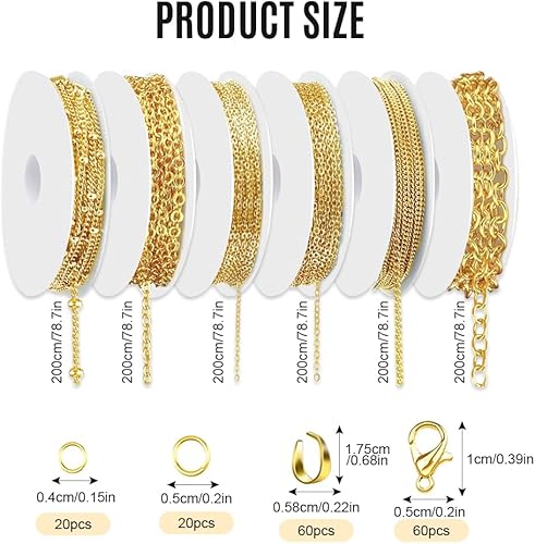 GIDWRIY 6 Pièces Chaine Creation Bijoux 14 M,Rouleau de Chaine Collier Doré,Chainette Fabrication Bijoux,Chainette Bricolage avec Fermoirs à Homard et Anneaux Saut,Chaines de Securite pour Bracelet - Nail Gallerys