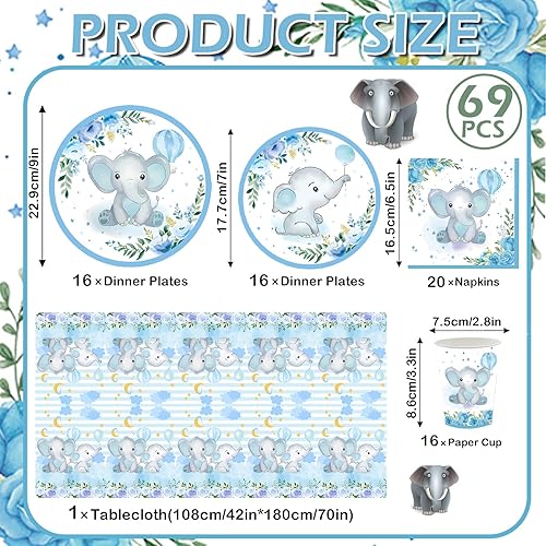 69 Pièces Vaisselles Anniversaire Kit pour Enfants,Éléphant Bleu Vaisselle Ensemble avec Assiettes Papier Tasses Serviettes Nappe pour Baby Shower Anniversaire Fête,Table Décorations 16 Invités - Nail Gallerys