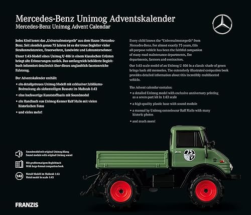 FRANZIS 55406 - Mercedes-Benz Unimog Calendrier de l'Avent vert, kit de modèle réduit en métal à l'échelle 1:43, module sonore et livre d'accompagnement de 52 pages inclus - Nail Gallerys