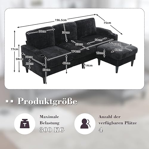 Zubaliya Canapé élégant 4 Places avec Repose-Pieds et Espace de Rangement, accoudoirs Confortables, Porte-gobelets, Poches latérales et Pieds en Plastique Robustes, Tissu Velours (Noir) - Nail Gallerys