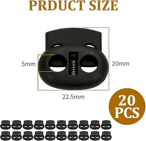 WOLMIK Lot de 20 verrous de cordon à ressort à double trou pour cordons de serrage de 5 mm en plastique - Noir - Nail Gallerys