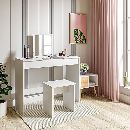 WOLTU Coiffeuse Table de Maquillage avec Miroir Pliable Dessus de Table Brillant avec Tabouret, 100 x 45 x 76cm, Blanc, MB6047ws - Nail Gallerys