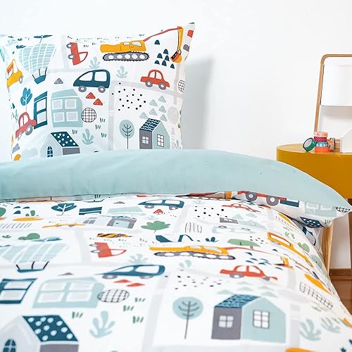 CÔTE DECO Parure de lit Enfant Réversible en Route Bleu Housse de Couette 140x200cm + 1 taie d'oreiller 63x63cm Twin - Nail Gallerys