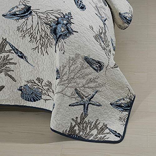 Couvre-lit Matelassé 3 Pièces Jetés De Lit Boutis Style Campagnard avec Impression De Plantes De Mer en Coton Lavé Courtepointe Très Doux Couverture Taies d'oreiller,King:250cm*270CM*1+50 * 90CM*2 - Nail Gallerys