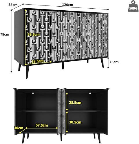 Meuble de salle à manger (120 × 35 × 78 cm), meuble de rangement pour salle à manger et salon,design de porte d'armoire unique, meuble indépendant, anti-dumping, motif à chevrons, porte sculptée, noir - Nail Gallerys