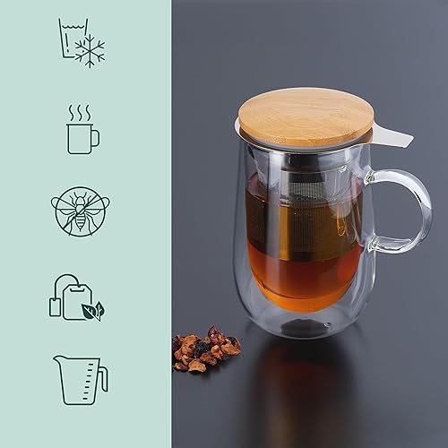 Relaxdays Tasse de thé, Verre, Double paroi, Couvercle en Bambou, infuseur en Acier INOX, capacité : 430 ML, Transparent - Nail Gallerys