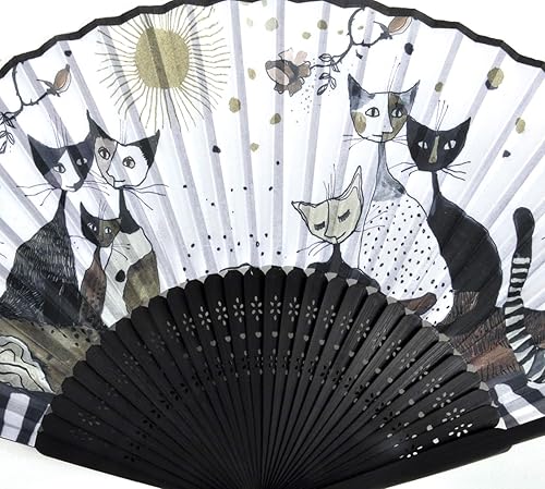 Éventail Rosina Wachtmeister - Famille de Chats Or, Noir et Blanc - Nail Gallerys