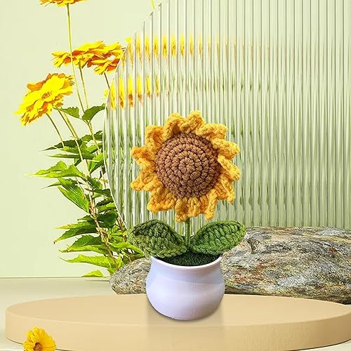 Fleurs tricotées | Plantes décoratives en pot au crochet tournesol | Plante en pot de fleurs crochetée à la main, plante en pot de fleurs tricotée réaliste pour la maison, le bureau, la voiture - Nail Gallerys
