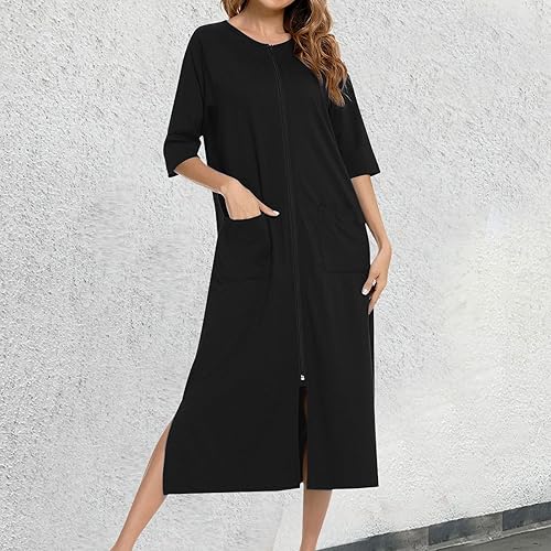 MODSGUE Peignoir en coton pour femme avec fermeture éclair - Léger - Manches 3/4 - Chemise de nuit - Taille ample - Confortable - Avec poches - Nail Gallerys