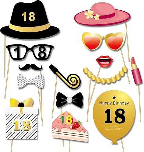 Konsait 55pcs 18 Ans Anniversaire Accessoires de photobooth, Noir et Or 18 Ans Anniversaire décorations Filles garçons, Fournitures de Fête Kit photobooth Anniversaire ou Cadeau - Nail Gallerys