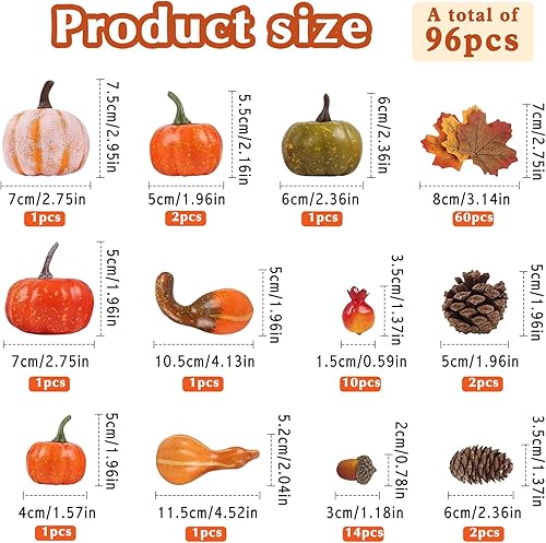 Lot de 96 Citrouilles Artificielles Décoratives, Décoration de Citrouilles Automne, Mini Citrouille Artificielle Maple Leaves Cônes De Pin Acorns, pour Thanksgiving, Halloween - Nail Gallerys