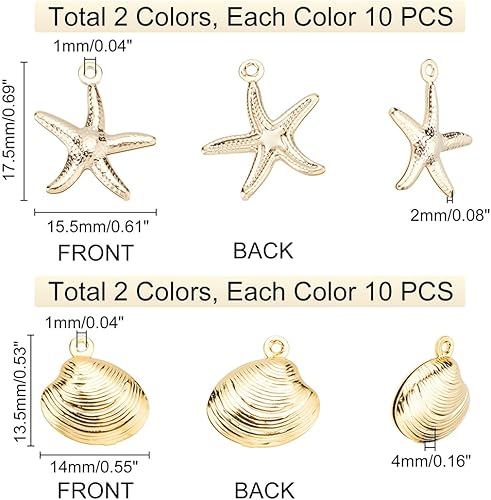 PH PandaHall 40PCS Breloques de coquillages étoiles de mer, 4 modèles Pendentifs de charmes de pétoncles en métal Coquillages Dangle Charms pour l'été Hawaii Boucle d'oreille Collier Bracelet - Nail Gallerys