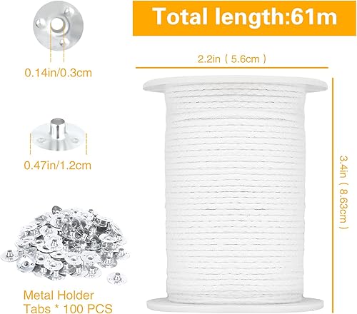 Mèches de Bougie, 61m Mèche pour Bougie et 100 Pièces Base de Mèche de Bougie, Kit de Fabrication de Bougie, Mèches de Bougie Naturelles Base pour Mèche de Bougie, pour la Fabrication de Bougies - Nail Gallerys