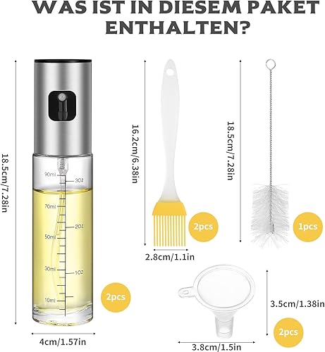 Lot de 2 vaporisateurs d'huile d'olive pour la cuisine, 100 ml en verre pour la cuisine, la friteuse à air, le vinaigre de cuisine, avec 2 entonnoirs en plastique, 1 brosse de nettoyage, 2 brosses de - Nail Gallerys