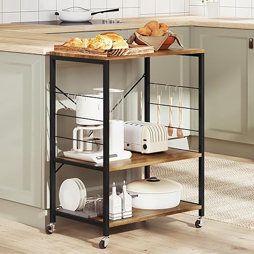 WOLTU Desserte à roulettes, Étagère Cuisine, Support Micro-Ondes à 3 Niveaux, 4 Crochets, Cadre en Métal, Bois d'Ingénierie, Blanc + Chêne Clair, 60x40x82,5cm - Nail Gallerys