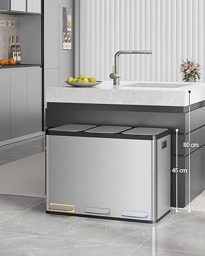 Hzuaneri Poubelle Cuisine, 45L (3 x 15 L), Poubelle Tri Selectif 3, Poubelles Tri avec Pédales à code couleur, Ilencieux et retombe lentement, avec 15 Sacs Poubelles, pour Cuisine, Argent SW04599E - Nail Gallerys