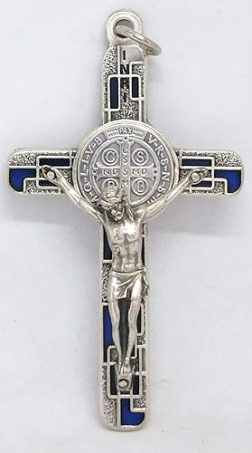 GTBITALY 10.674.31ms Croix de Saint Benoît Argent avec Vernis Mosaïque avec Bague 8 cm Exorcisme Bleu - Nail Gallerys
