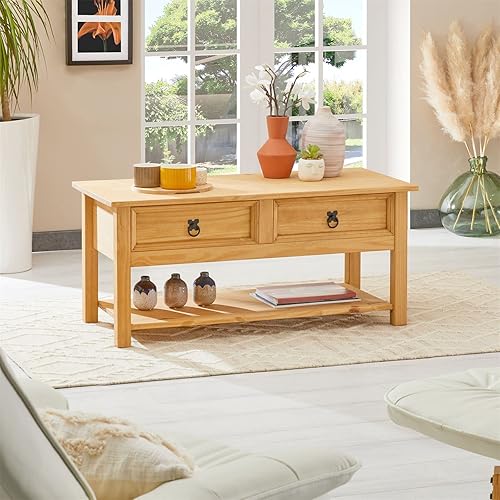 IDIMEX Table Basse Tequila Table de Salon rectangulaire Style Mexicain, avec 2 tiroirs et 1 étagère inférieure, en pin Massif lasuré Blanc et Brun - Nail Gallerys