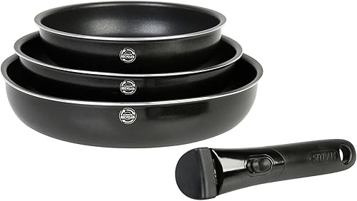 Sitram 715485 Lot de 3 Poêles Aluminium pressé SITRAMOVIBLE FAMILY Ø 20/24/28 cm & 712773 SITRAMOVIBLE - Poignée amovible pour poêle, casserole, wok - Nail Gallerys