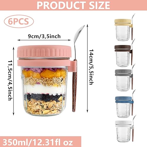 WOPPLXY Lot de 6 Pot Yaourt en Verre avec Couvercle, 350 ml Overnight Oats Jar avec Cuillère et Marques de Mesure, Pot Overnight Oat Verre Réutilisable pour Yaourts et Overnight Oats - Nail Gallerys