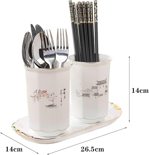 Pot à Ustensiles Organisateur de porte-argenterie en céramique chinoise, porte-ustensiles élégant de style lavage à l'encre for comptoir de cuisine, égouttoir à couverts 2 pièces Porte-ustensiles de c - Nail Gallerys
