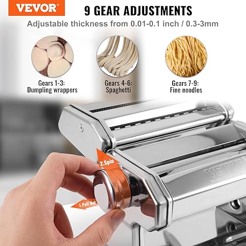 VEVOR Machine à Pâtes Manuelle Acier Inox Machine à Pâtes Fraîches Italiennes 9 Épaisseurs 0,3-3 mm Largeur 1,5/6,6 mm 3/45 mm Manivelle Incluse pour Spaghettis Emballages de Boulettes et de Ravioli - Nail Gallerys