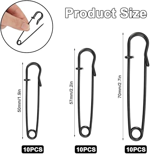 30 Pièces Épingle à Nourrice, Grosse Epingle a Nourrice, Grandes Épingles de Sûreté, Épingles à Vêtements, pour Vêtements en Cuir, Toile, Travaux Manuels (50mm/57mm/70mm, Noir) - Nail Gallerys
