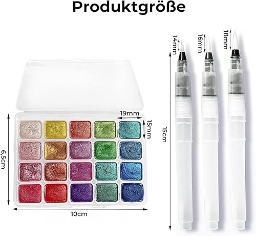 Barlone Lot de 20 peintures aquarelles métallisées à paillettes avec 3 pinceaux à eau, aquarelle métallisées, solides à paillettes, solubles et mélangeables, pour enfants, débutants et professionnels - Nail Gallerys