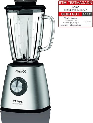 Krups KB439D Blendforce 2 Blender | 800 W | 5 vitesses | Fonction pulse | Réservoir en verre thermique de 1,75 l (volume utile : 1,25 l) | Résistant aux chocs | Broyeur à glace | Acier inoxydable - Nail Gallerys