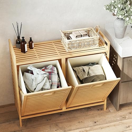 GOPLUS Panier à Linge à Rabat 75 L, Panier à Linge en Bambou avec 2 Sacs Amovibles, Plan de Travail et Pinces, Meuble Linge à Lattes pour Buanderie, Salle de Bain, 80x30x72cm - Nail Gallerys
