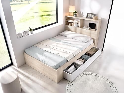 Vente-unique - Lit 120 x 190 cm avec rangements - Coloris : Naturel et Blanc + Sommier - VARDIEL - Nail Gallerys