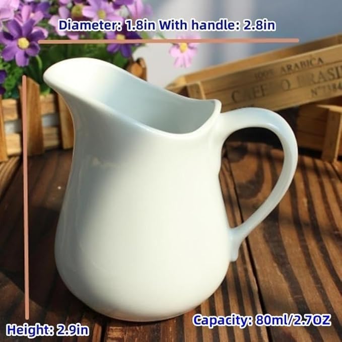 Lot de 6 petits pots à lait en céramique blanche de 80 ml avec poignée et bec verseur - Convient pour le lait, la crème et le service des sauces avec repas (6, 76,5 g) - Nail Gallerys