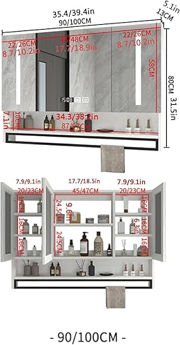 Armoire murale salle de bain avec miroir anti-buée，lumière LED，Lumineux Meuble a Miroir de Maquillage avec porte-serviettes，gradation intelligente，armoire pharmacie murale miroir affichage de l'heure - Nail Gallerys