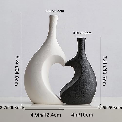 Lot de 2 vases en forme de cœur - Noir et blanc - Vases décoratifs minimalistes pour salon, table à manger, table basse et étagère, design moderne en forme de cœur pour couloir et buffet - Nail Gallerys