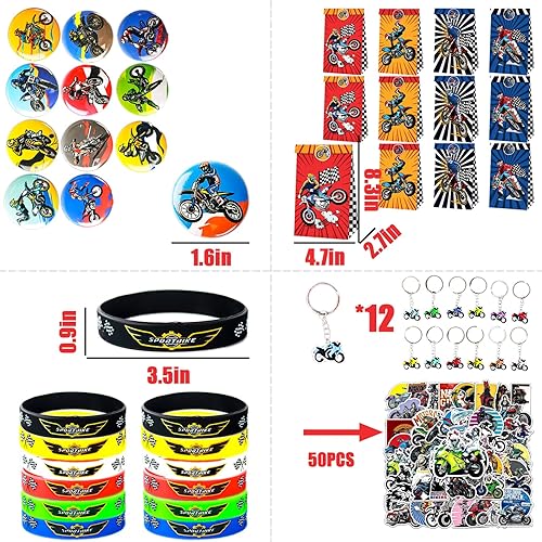 98Pcs Set de Cadeaux pour la Fête de la Moto,12 Sacs Cadeaux + 12 Bracelets en Silicone + 12 porte-clés + 12 épingles à boutons + 50 Autocollants,pour Enfants Garçons et Filles Cadeaux d'anniversaire - Nail Gallerys