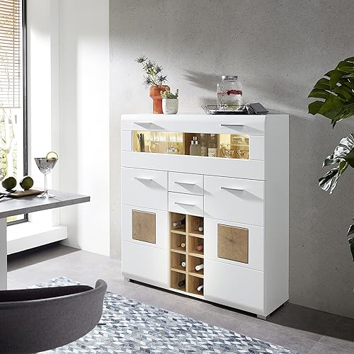 Stella Trading Armoire de Bar Fun Plus Applications en Bois de cerf-Buffet Moderne avec éclairage LED, d'ingénierie, Blanc/Chêne Vieilli - Nail Gallerys