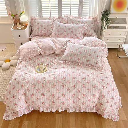 Housse de Couette à Volants, Imprimé Floral Rose pour Filles Parure de Lit 200x230 Style Princesse à Volants et Fleurs Motif Rayures et Grilles Mignon Housse de Couette pour Femme Décoration de C - Nail Gallerys