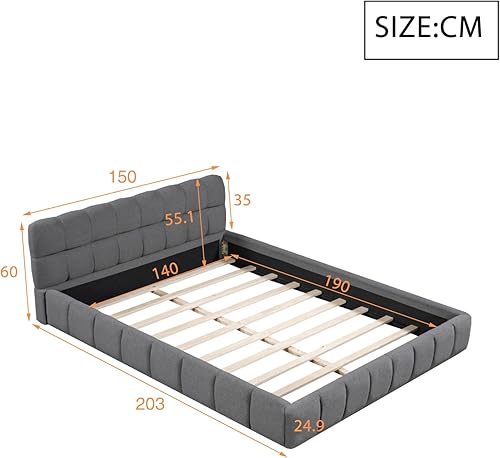 Lit rembourré avec tête de lit, sommier à Lattes, Tissu en Lin Doux pour la Peau, Cadre de en Tissu, Cadre de lit Plateforme, pour Jeunes, Design Moderne (Gris, 140 x 190 cm) - Nail Gallerys