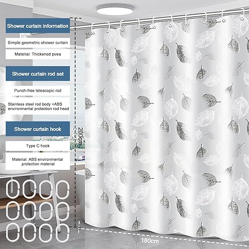 Tiuxiu Rideau de Douche 180x200cm Gris Anti Moisissure Blanc la Feuille Lavable Rideau avec 12 Crochets à Rideaux - Nail Gallerys