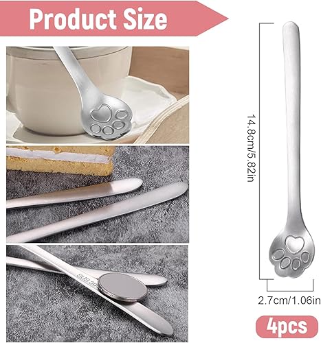Benaton 4 Pcs Cuillère de Patte de Chat, Chat Cuillères à Expresso, Cuillère À Dessert Cuillère en Acier Inoxydable, Mini Cuillères à Café Cuillères à Dessert - Nail Gallerys