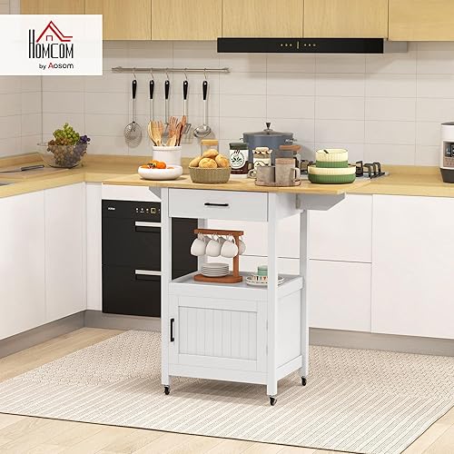 HOMCOM Chariot de Service desserte de Cuisine à roulettes, Meuble de Rangement avec tiroir, étagère, Plateau Pliable et Armoire avec 2 Portes en Bois, 59,5 x 45,5 x 89 cm, Blanc - Nail Gallerys