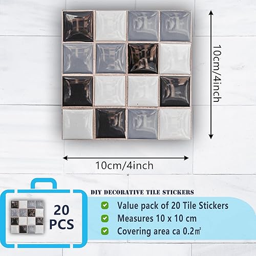 Cendray 20 PCS Adhésifs pour carrelage, antihuile imperméable PVC autocollant décoration, style mosaïque cuisine autocollants pour carrelage pour salle de bain - Design lisse gris noir (10 x 10 cm) - Nail Gallerys