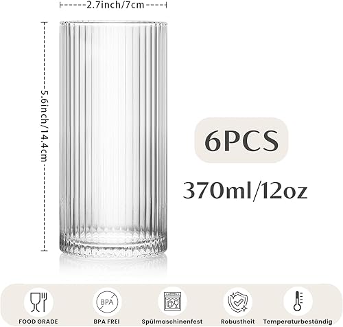 INSETLAN Lot de 6 verres à long drink striés de 370 ml - Idéal pour le whisky, la bière, les jus, le café glacé et les cocktails - Passe au lave-vaisselle - Verres à cocktail et à cocktail de qualité - Nail Gallerys