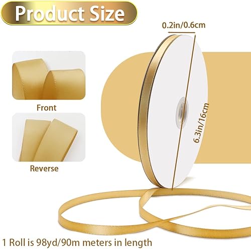 Ruban de Satin Doré Simple Face, 6 mm x 90 m Ruban Satin Polyester Noeud et Emballage Cadeau, Ruban Décoratif Mariage, pour Baptême Anniversaire Célébration Arts Artisanat - Nail Gallerys