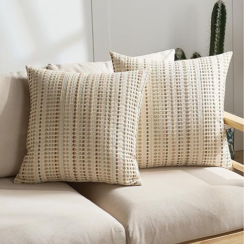 Boho Housse Coussin 45x45 cm Coton Lin Rayures Housse de Coussin Canape Beige Marron Rayé Tissées Texturées Touffetées Ferme Taie d'oreiller Decoratif pour Maison Salon Chambre Extérieur Lot de 2 - Nail Gallerys