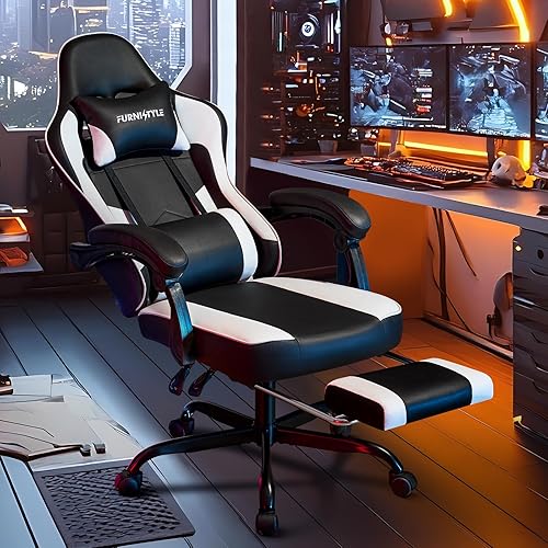 Chaise Gaming Ergonomique avec Repose-Pieds, Fauteuil de Bureau Réglable en Cuir PU, Support Lombaire, Accoudoirs Synchronisés, pour Adultes et Adolescents, Noir et Blanc - Nail Gallerys