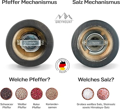 GREYMOUNT ® Moulin à sel et à poivre en bois de grande taille avec broyeur réglable en acier inoxydable | Idée cadeau - Lot de 2 moulins à épices manuels (27 cm, noir) - Nail Gallerys