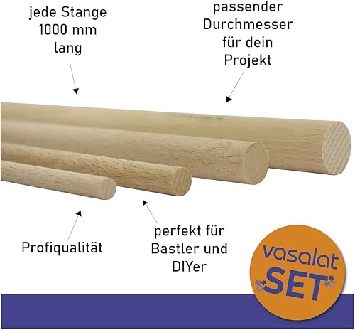 vasalat Lot de 12 baguettes en bois de hêtre lisse pour le bricolage - 100 cm x 8 mm - Hêtre naturel - Nail Gallerys